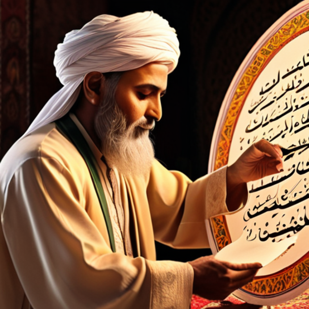**Sufi poet Rumi reciting poetry, mystical atmosphere, warm colors, Urdu calligraphy.**