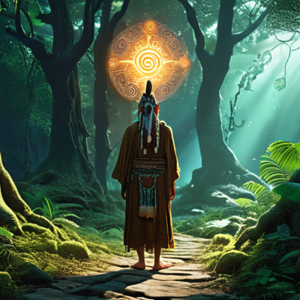 **Prompt:** A wise, ancient shaman figure, radiating profound spiritual energy and timeless wisdom, stands amidst a lush, mystical forest at dawn. Ethereal, glowing pathways and subtle digital patterns intertwine with ancient symbols, representing the convergence of traditional folk beliefs with modern literature and digital platforms. The scene is imbued with a sense of deep cultural roots, collective unconscious, and a serene, contemplative atmosphere. *Art style: High detail fantasy art, cinematic lighting, ethereal glow, rich textures.*
