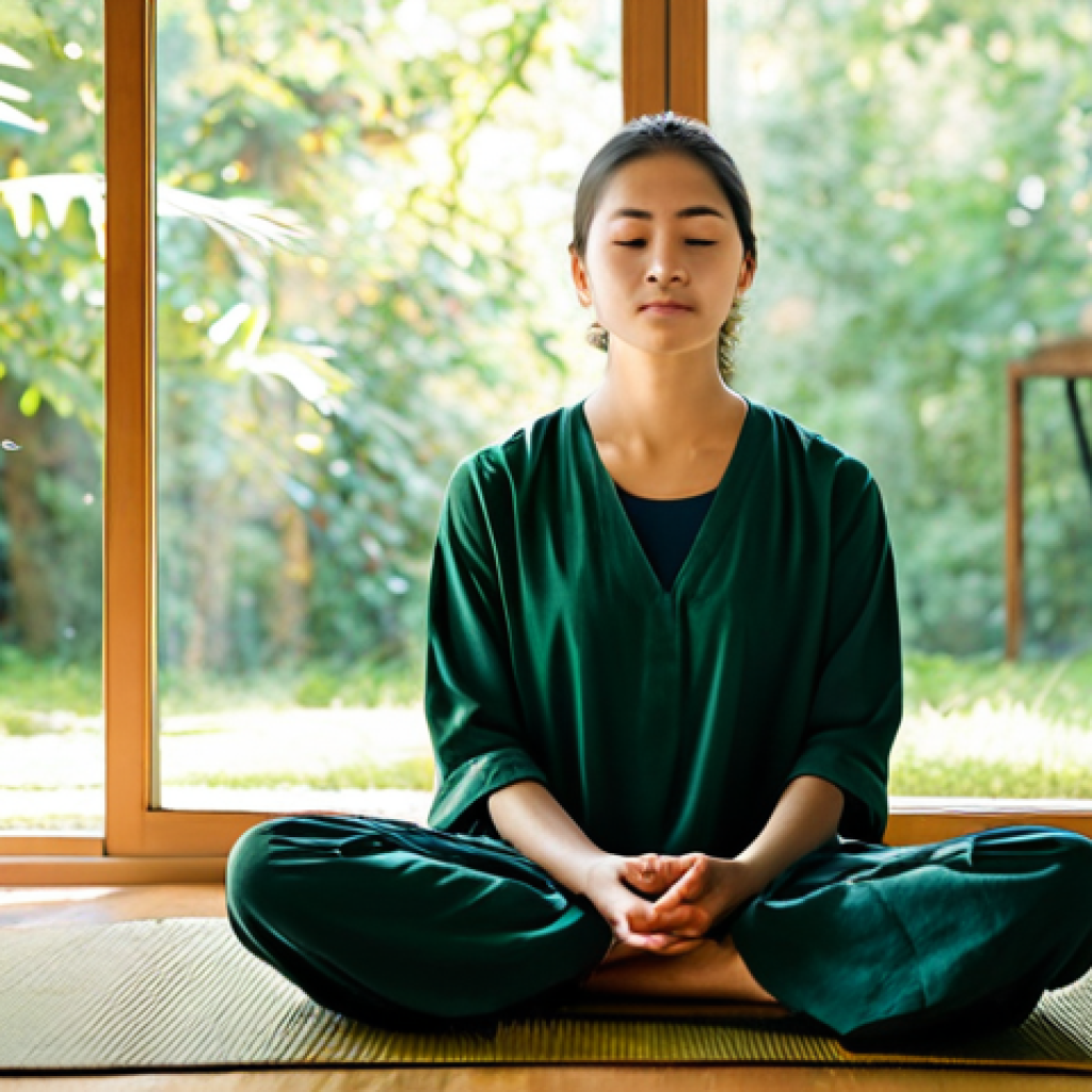 A serene individual in modest, flowing spiritual attire, seated in a cross-legged meditative pose on a simple woven mat. They are positioned within a peaceful, sunlit room, with soft, diffused natural light filtering through a large window that offers a blurred, green view of nature. The subject's expression is calm and contemplative, reflecting deep inner peace and self-reflection. The scene is captured with professional photography, emphasizing soft focus and a warm, inviting atmosphere. The individual is fully clothed in appropriate attire, with perfect anatomy, correct proportions, a natural pose, well-formed hands, proper finger count, and natural body proportions. This image is safe for work, appropriate content, and family-friendly.