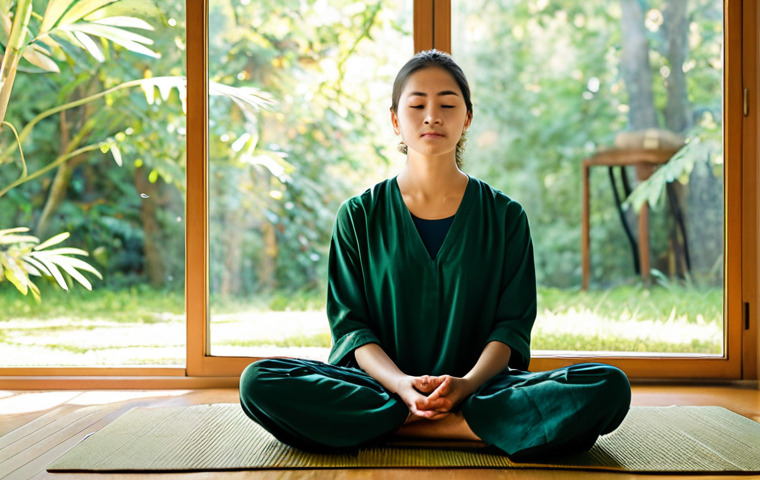 A serene individual in modest, flowing spiritual attire, seated in a cross-legged meditative pose on a simple woven mat. They are positioned within a peaceful, sunlit room, with soft, diffused natural light filtering through a large window that offers a blurred, green view of nature. The subject's expression is calm and contemplative, reflecting deep inner peace and self-reflection. The scene is captured with professional photography, emphasizing soft focus and a warm, inviting atmosphere. The individual is fully clothed in appropriate attire, with perfect anatomy, correct proportions, a natural pose, well-formed hands, proper finger count, and natural body proportions. This image is safe for work, appropriate content, and family-friendly.