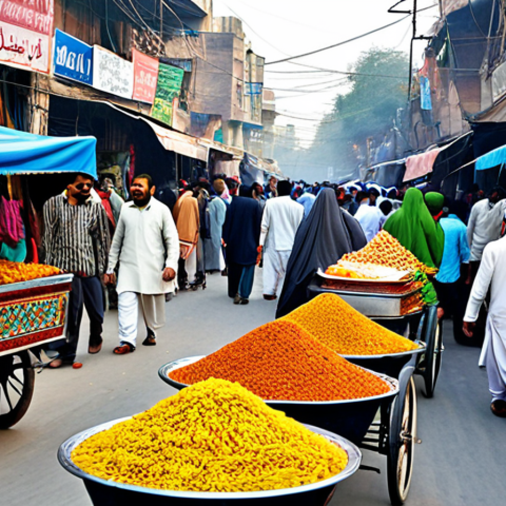 Vibrant Street Scene**
"A bustling bazaar scene in Lahore, Pakistan, during the day. Focus on the colorful textiles, food stalls with samosas and jalebi, and people in traditional shalwar kameez, fully clothed. Include a beautifully decorated rickshaw. The atmosphere should be lively and friendly. Safe for work, appropriate content, family-friendly, professional photography, natural proportions, perfect anatomy."
**