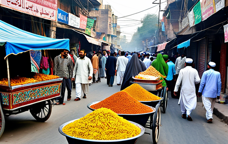 Vibrant Street Scene**
"A bustling bazaar scene in Lahore, Pakistan, during the day. Focus on the colorful textiles, food stalls with samosas and jalebi, and people in traditional shalwar kameez, fully clothed. Include a beautifully decorated rickshaw. The atmosphere should be lively and friendly. Safe for work, appropriate content, family-friendly, professional photography, natural proportions, perfect anatomy."
**