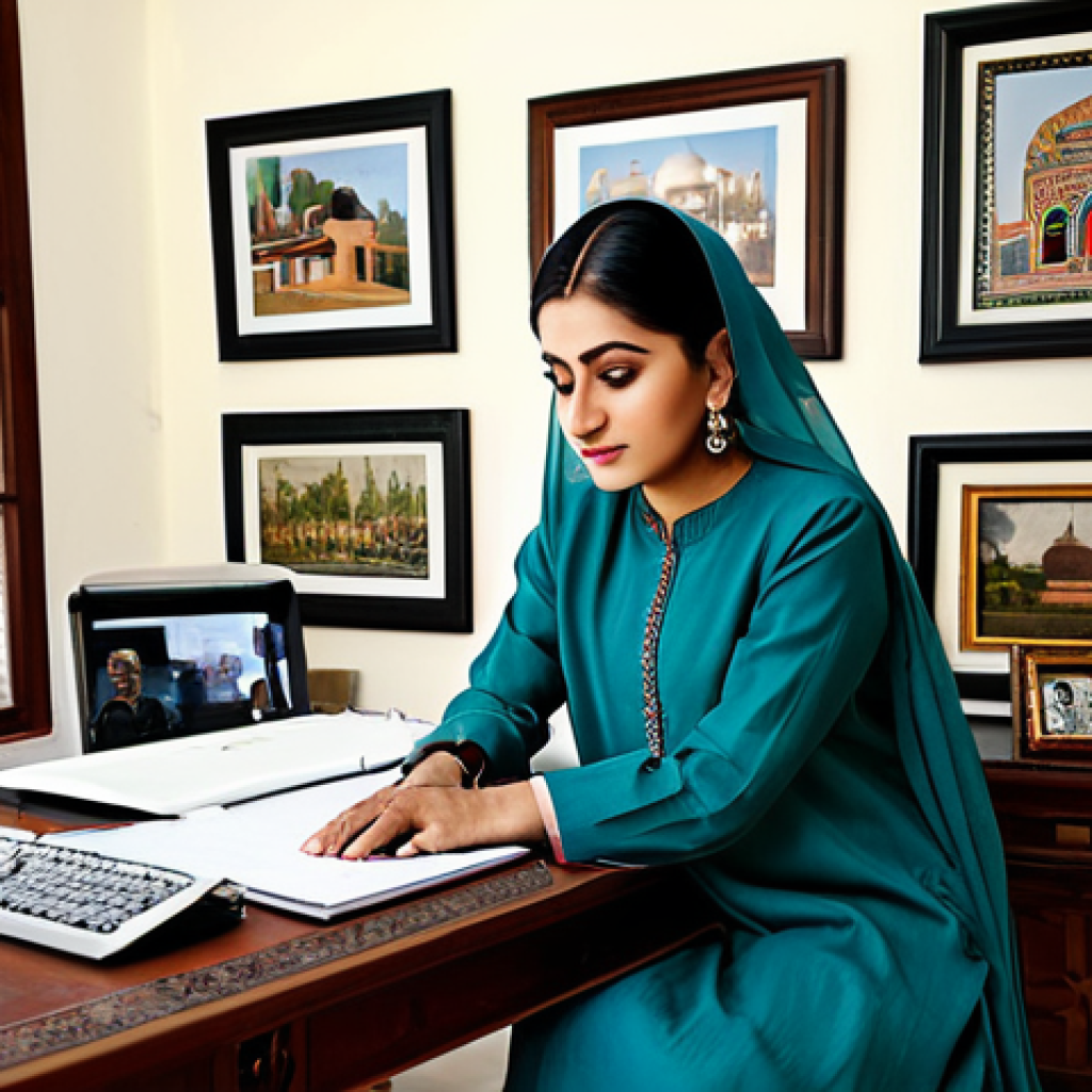 **
A professional woman in a modest shalwar kameez, working at a beautifully decorated home office in Lahore, Pakistan, surrounded by traditional Pakistani art, fully clothed, appropriate attire, safe for work, perfect anatomy, natural proportions, professional photograph, high quality, family-friendly.
**