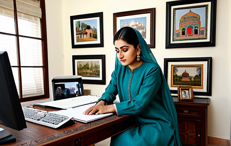 **
A professional woman in a modest shalwar kameez, working at a beautifully decorated home office in Lahore, Pakistan, surrounded by traditional Pakistani art, fully clothed, appropriate attire, safe for work, perfect anatomy, natural proportions, professional photograph, high quality, family-friendly.
**