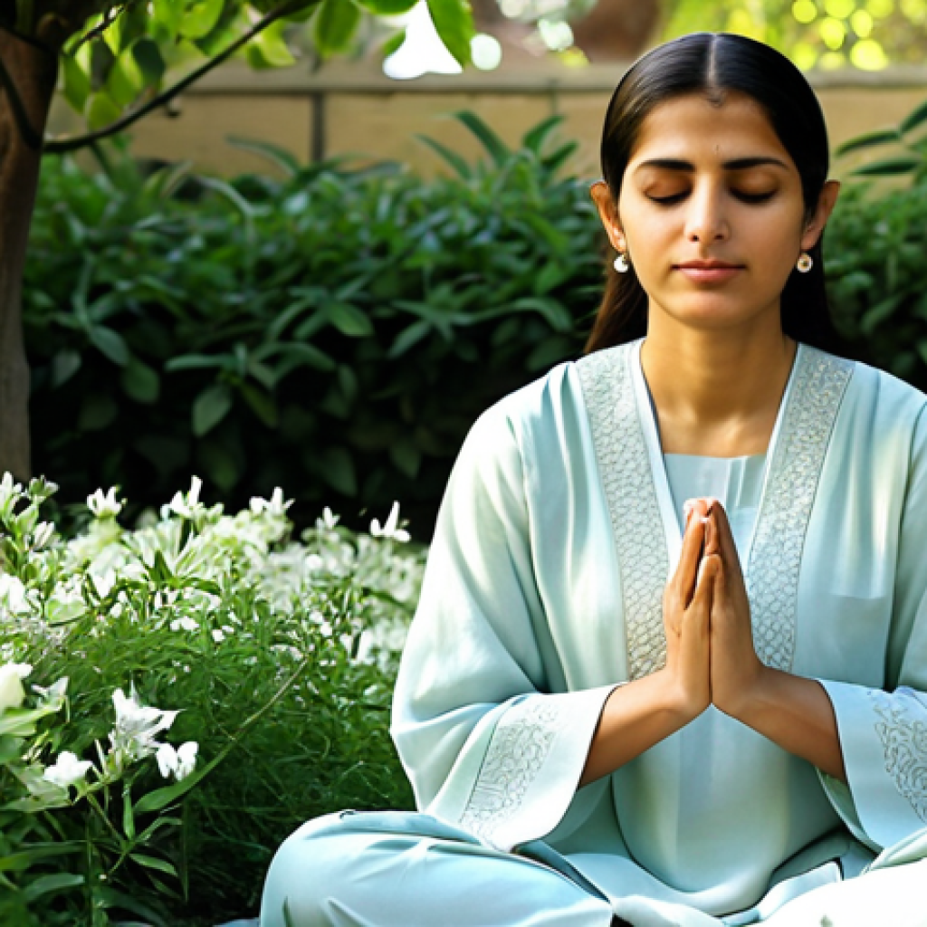 Spiritual Healing**
A serene woman in modest, traditional Pakistani clothing, meditating peacefully in a sunlit garden filled with fragrant jasmine flowers. Focus on her calm expression and the peaceful atmosphere. Soft, diffused lighting. Perfect anatomy, natural pose, well-formed hands, proper finger count. Safe for work, appropriate content, fully clothed, modest, family-friendly, professional.
**