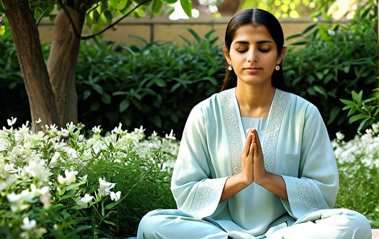 Spiritual Healing**
A serene woman in modest, traditional Pakistani clothing, meditating peacefully in a sunlit garden filled with fragrant jasmine flowers. Focus on her calm expression and the peaceful atmosphere. Soft, diffused lighting. Perfect anatomy, natural pose, well-formed hands, proper finger count. Safe for work, appropriate content, fully clothed, modest, family-friendly, professional.
**