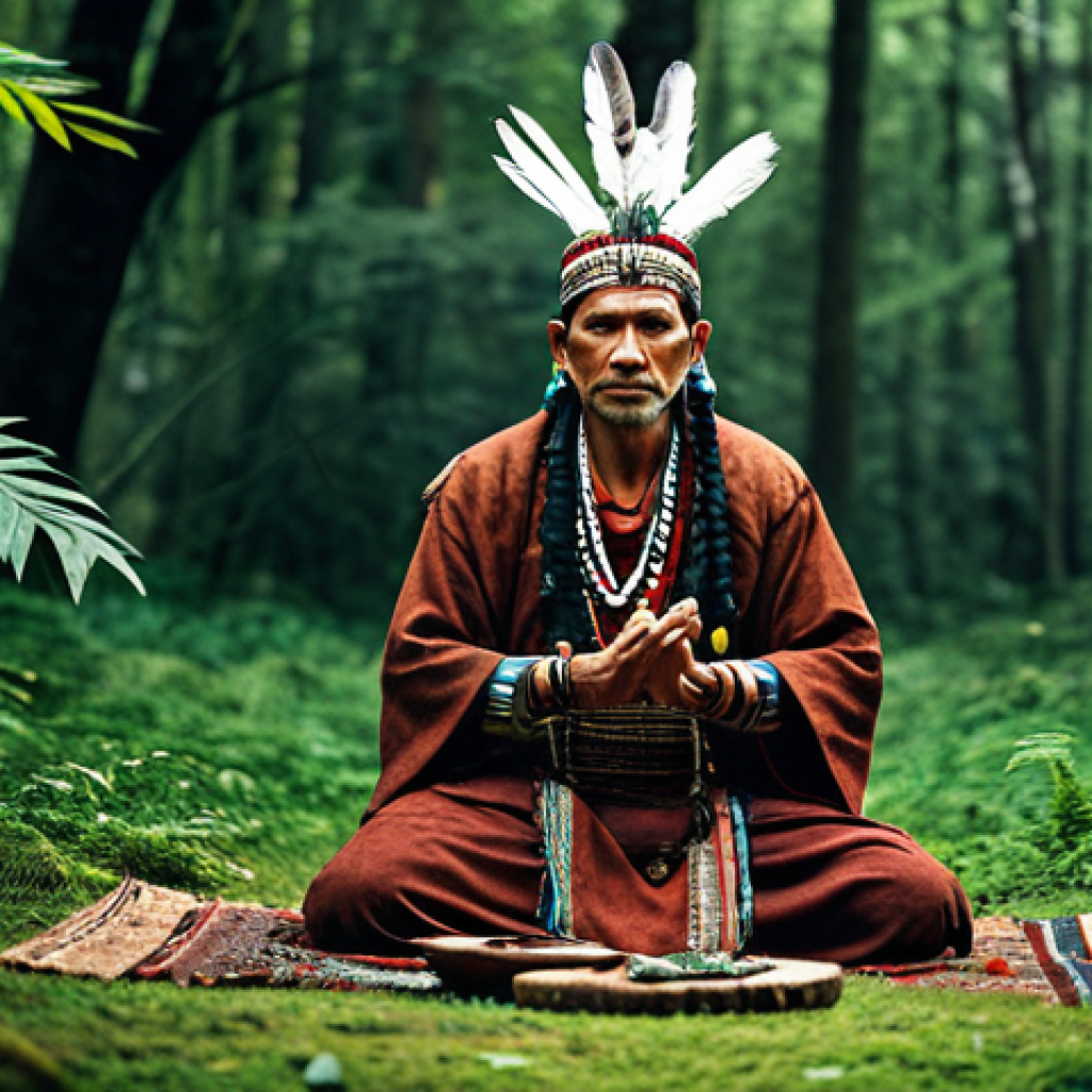 무속 굿과 부적 - ** A serene shaman in traditional, fully clothed attire, performing a ritual in a lush forest cleari...