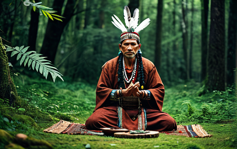 무속 굿과 부적 - ** A serene shaman in traditional, fully clothed attire, performing a ritual in a lush forest cleari...