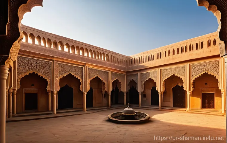 무속 신당의 구조와 역할 - **"An ancient spiritual sanctuary, perhaps a Sufi shrine or mosque, at dawn. The architecture is ric...