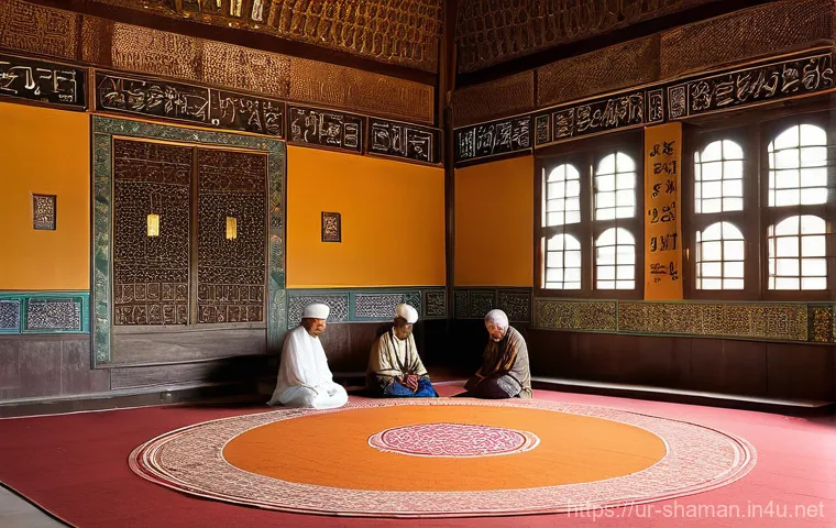 무속 신당의 구조와 역할 - **"An ancient spiritual sanctuary, perhaps a Sufi shrine or mosque, at dawn. The architecture is ric... 무속 신당의 구조와 역할 - **"An ancient spiritual sanctuary, perhaps a Sufi shrine or mosque, at dawn. The architecture is ric...