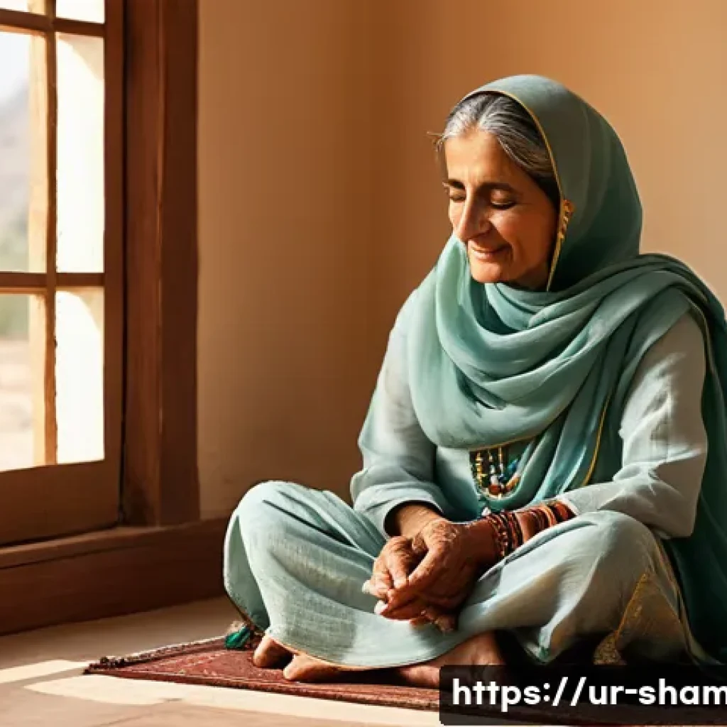무속과 스트레스 해소 - **Prompt 1: Serene Morning Reflection**
A wide shot of a peaceful, elderly Pakistani woman (arou...